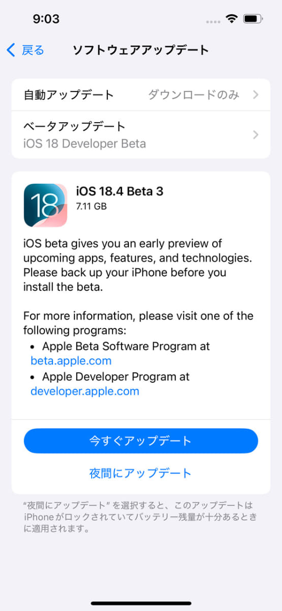 日本語対応のApple Intelligenceを利用するには、2025年3月時点では「Developer Beta」のインストールが必要