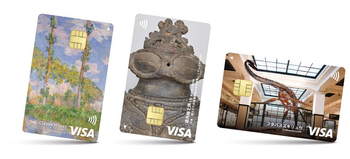 国立美術館所蔵品のデザイン。左から、クロード・モネ「陽を浴びるポプラ並木」、ポール・セザンヌ「大きな花束」、アルフォンス・ミュシャ「サラ・ベルナール アメリカ・ツアー」、千種掃雲「南国」