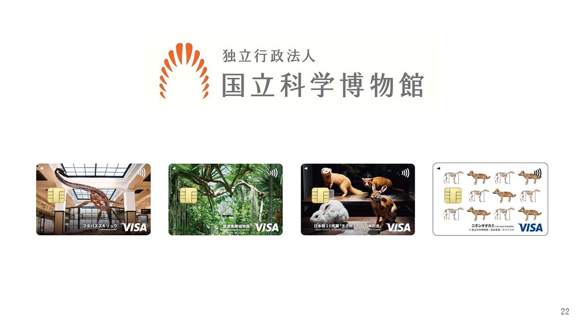 国立科学博物館所蔵品のデザイン。左から、「フタバスズキリュウ」「筑波実験植物園」「生き物たちの日本列島」「ニホンオオカミ」