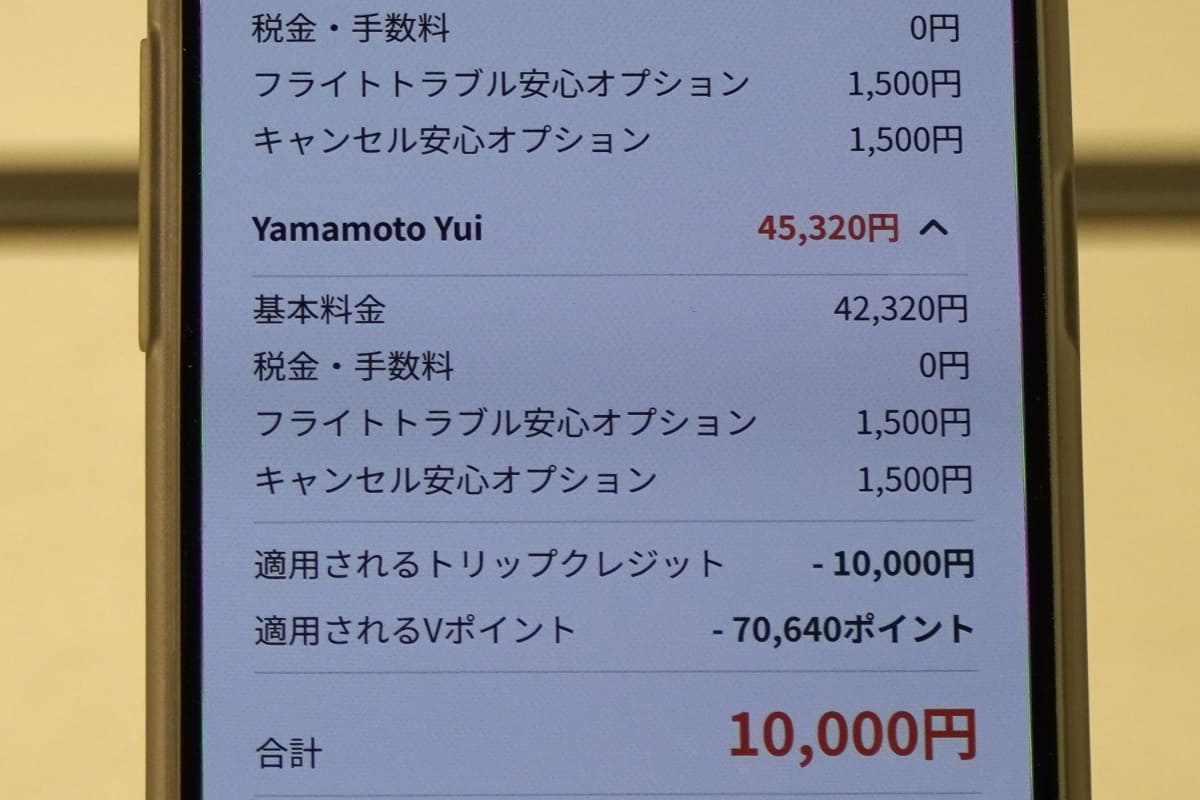 予約確定前の画面。Vトリップ上では付与予定のポイント数を確認できない