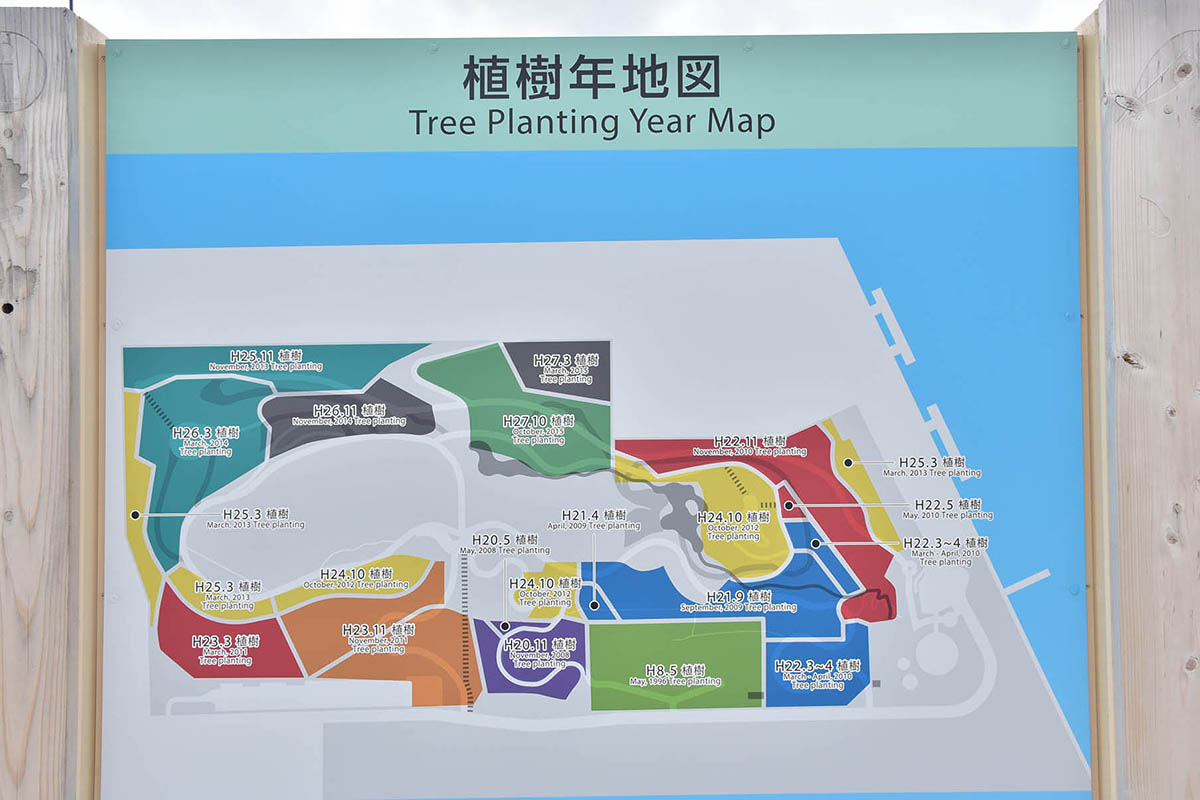 海の森公園内に植樹された木々の樹種と植樹年を伝える案内板