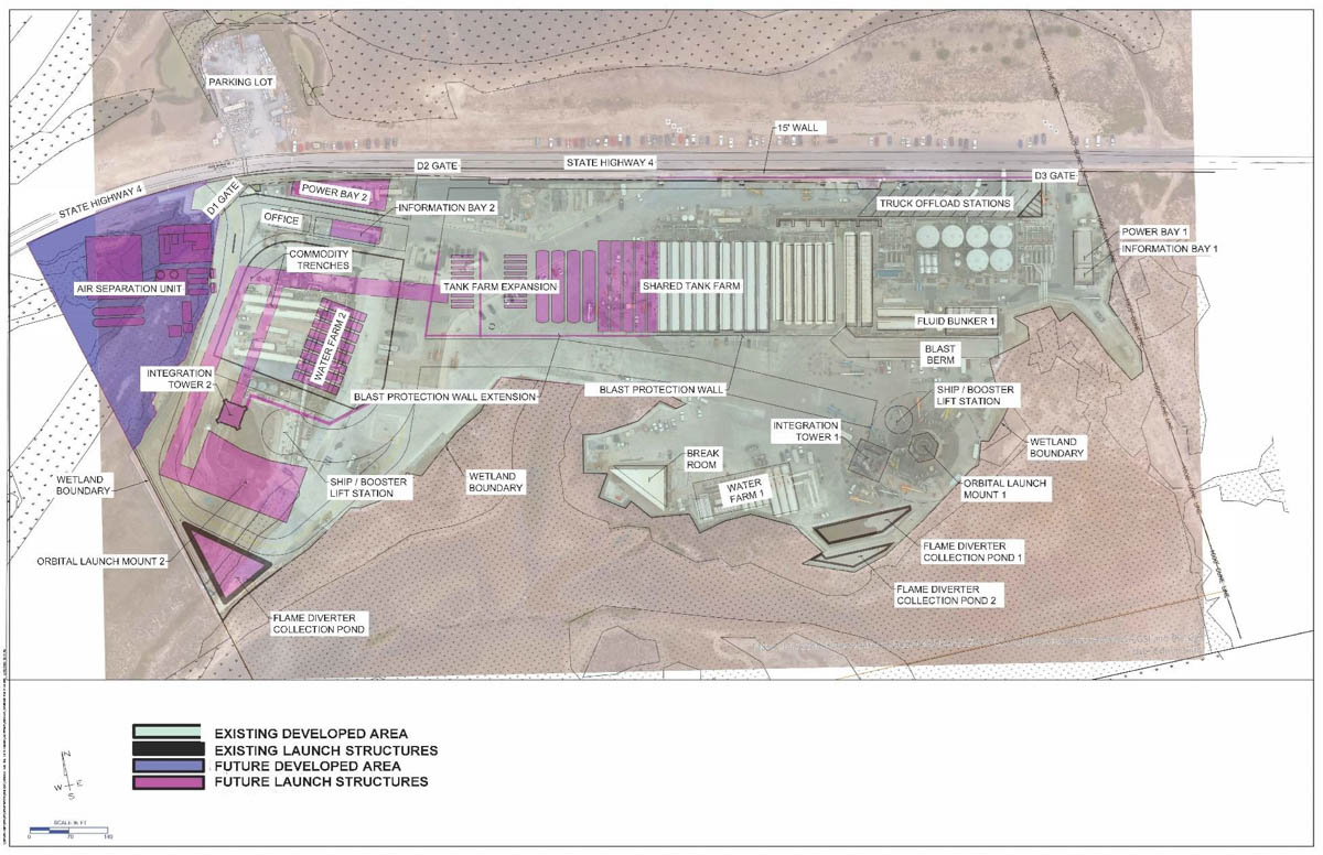 スターベース拡張工事の計画図。FAA「Revised Draft Tiered Environmental Assessment for SpaceX Starship/Super Heavy Vehicle Increased Cadence at the SpaceX Boca Chica Launch Site in Cameron County, Texas」より。