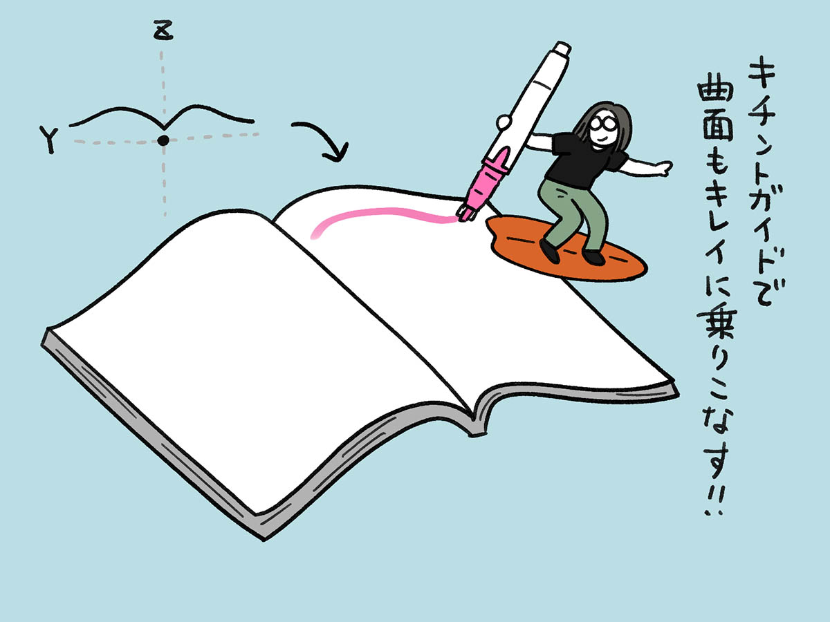 とじ部に近い曲面でもキレイに書ける