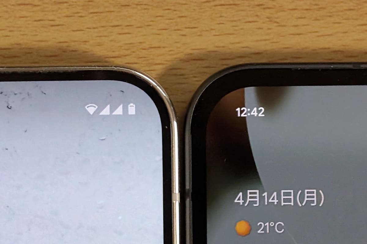 これはPixel 9 Pro(左)とPixel 9aの比較。ベゼルの細いPixel 9 Proのほうに、やはり高級感を感じます