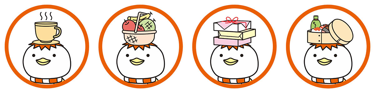 もらえるスタンプ例。左から、コーヒー とすっぱ、果物 とすっぱ、お土産 とすっぱ、駅弁 とすっぱ
