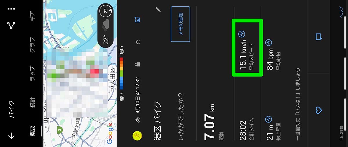 電動アシスト自転車で都内の車道を走行した際の記録(Garminのスマートウォッチで計測)