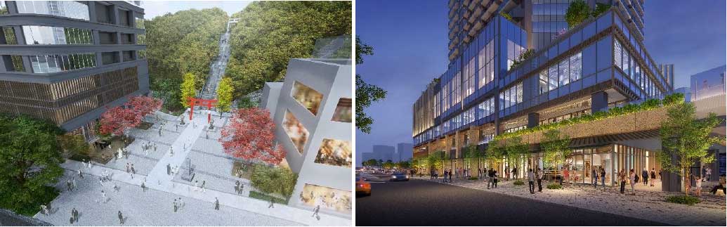 左が愛宕再開発 参道空間、右が西麻布再開発 低層部のイメージパース