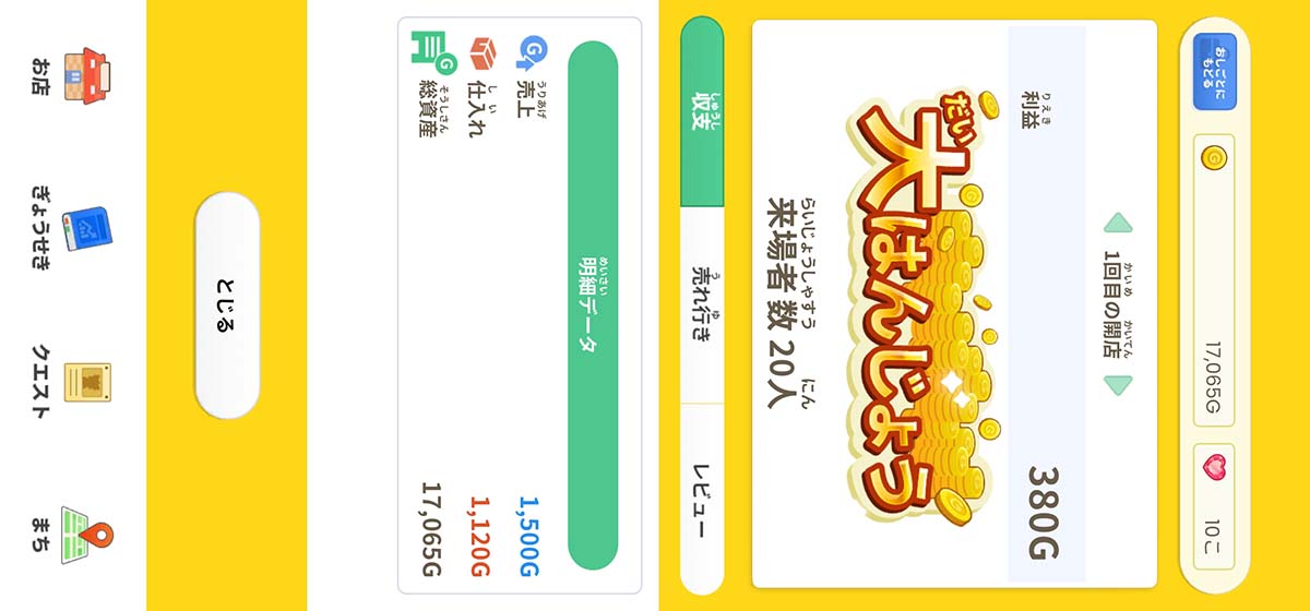 商品の売れ行きは「大はんじょう」「はんじょう」「イマイチ」「赤字」「大赤字」の5段階で判定される。販売価格が高すぎると売れず、なぜ売れなかったかのフィードバックも得られる