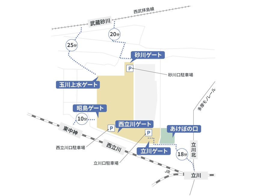 昭和記念公園の各ゲート。グリーンスプリングスを横目に立川ゲートから入るのが個人的にはオススメ