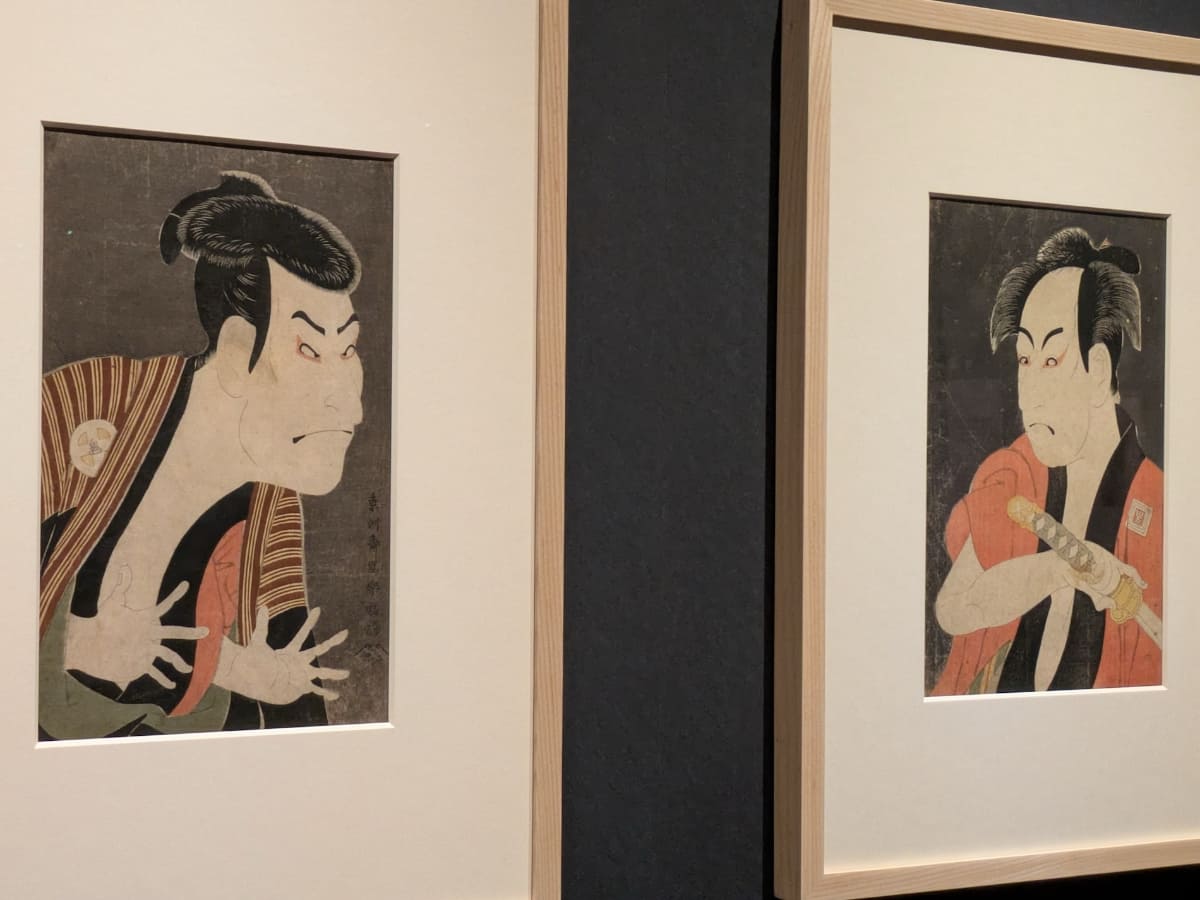 東洲斎写楽筆《初代市川男女蔵の奴一平》と《三代目大谷鬼次の江戸兵衛》。寛政6年(1794年)。東京国立博物館蔵