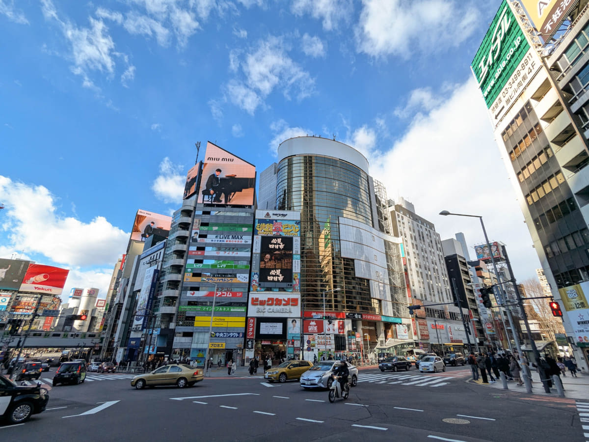 計画地(写真右側)の、明治通りを挟んで向かい側にはビックカメラ、マクドナルドなどがある(撮影：武石修/24年12月)