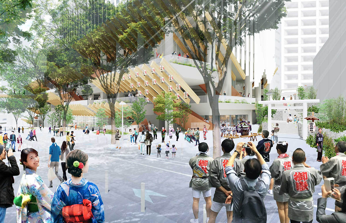 御嶽神社の建て替え、再整備を行なうC街区(右)と大山街道のイメージパース