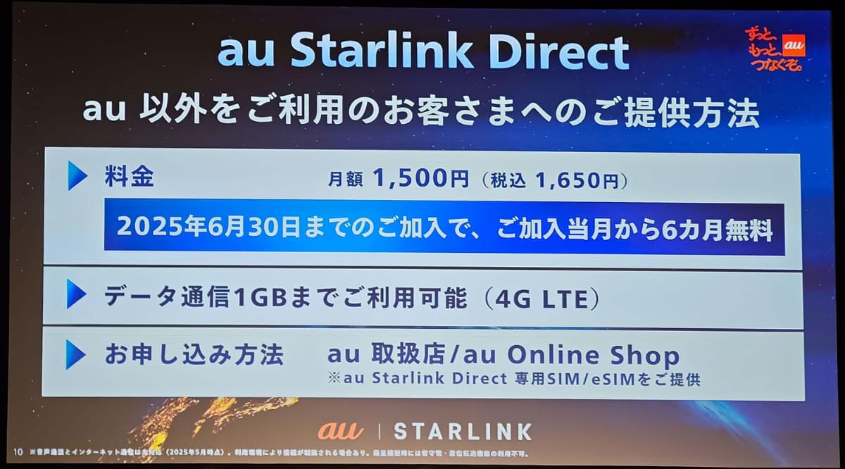 「au Starlink Direct」専用通信プランの概要