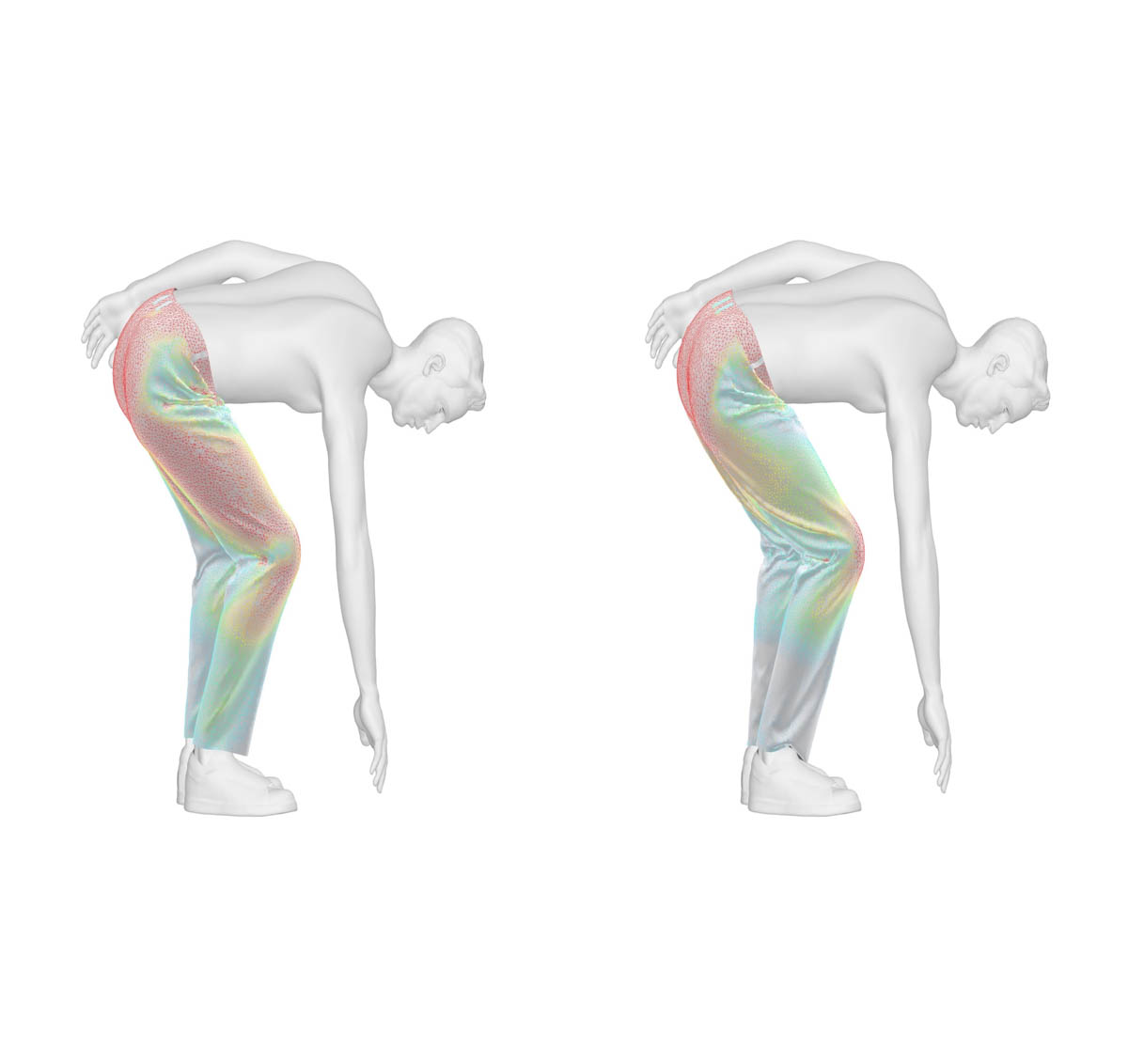 従来品(左)とダイナモーションフィットの比較。赤い部分は生地がつっぱり、負荷がかかっている状態