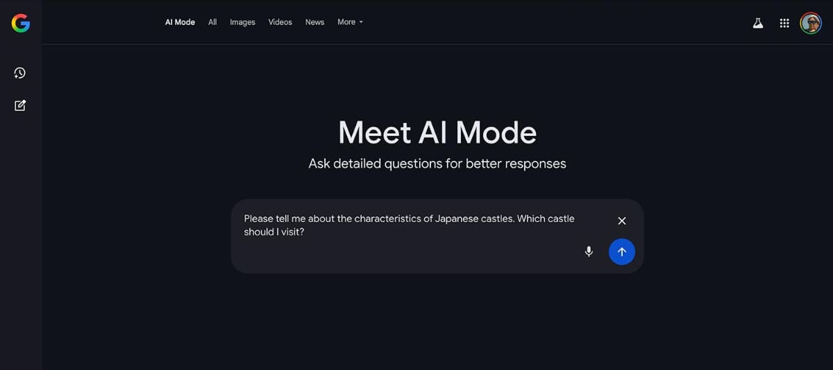 英語でのAI Mode。Google検索に「AI Mode」ボタンが出てきて、大きなテキストボックスに情報を入力する