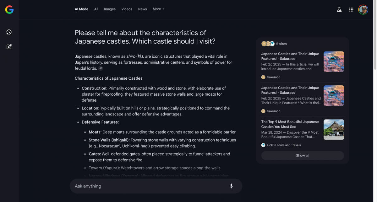 AI Modeでの検索結果。かなりしっかりした文章に加え、Googleマップの結果も加味される。右側には、まとめるために使われたウェブの情報が出る