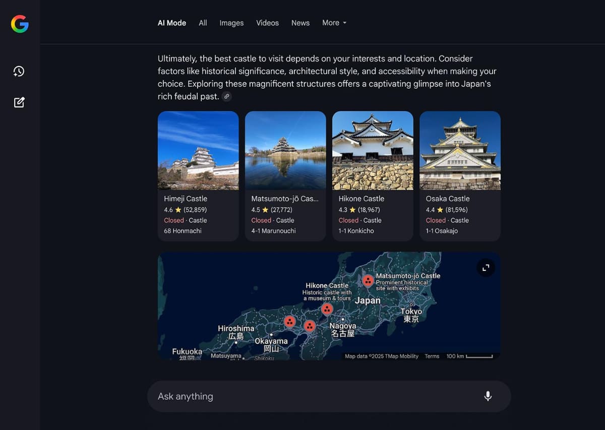 AI Modeでの検索結果。かなりしっかりした文章に加え、Googleマップの結果も加味される。右側には、まとめるために使われたウェブの情報が出る