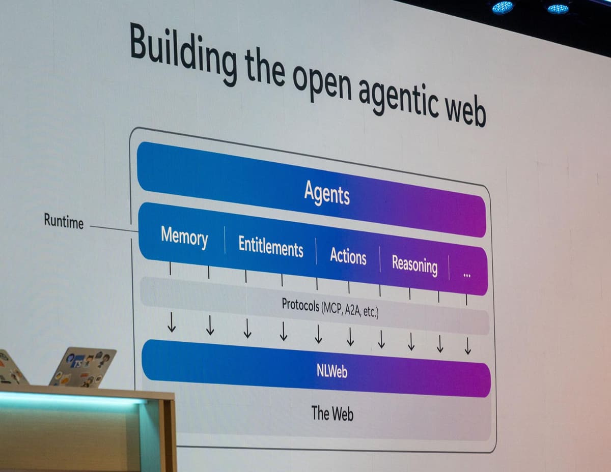 Agentic Webの中でNLWebの位置付けを説明した図。HTML＝ウェブとエージェントの橋渡しをする