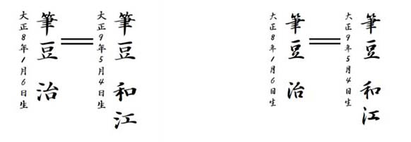 毛筆楷書体(左)と行書体(右)