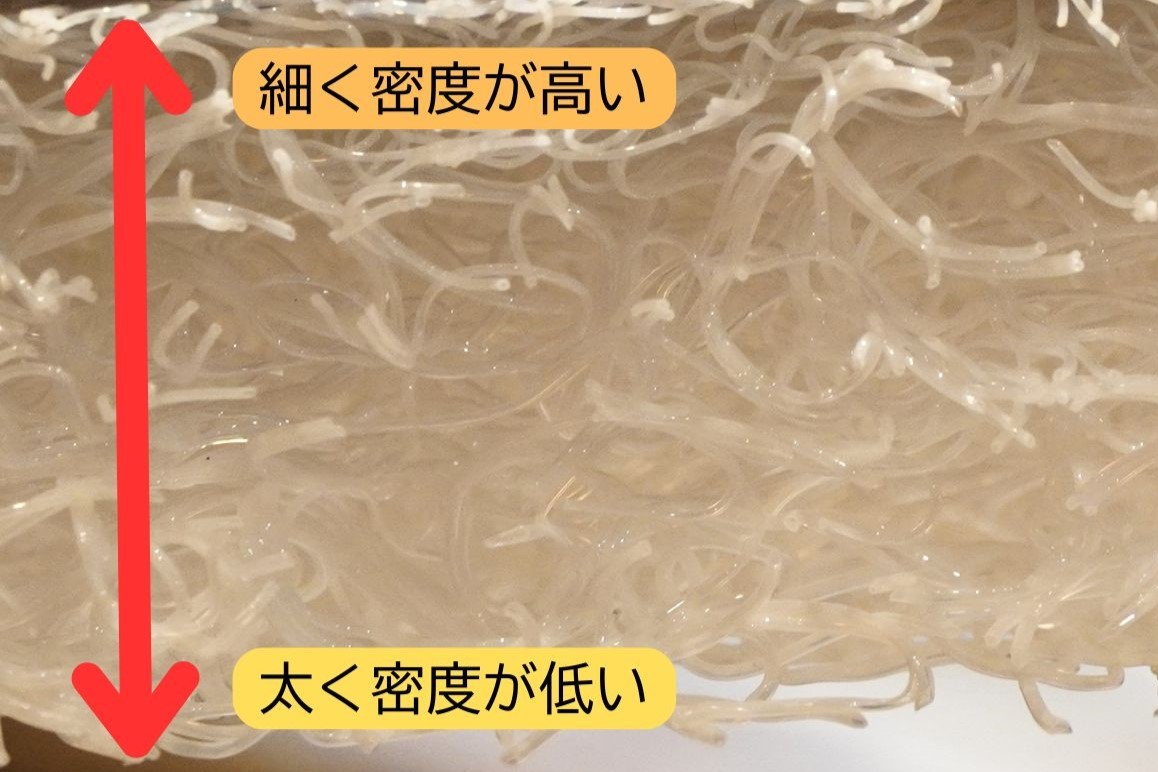 ブレスエアーは上層は細くて密度が高く、下層は太く密度が低い