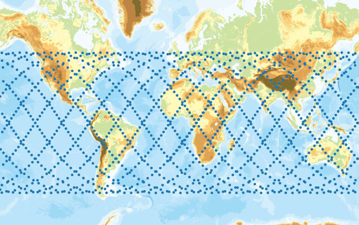 1機のBluebirdの軌道上位置を1分ごとに地図上にプロットした図。地理院地図を元に筆者作成