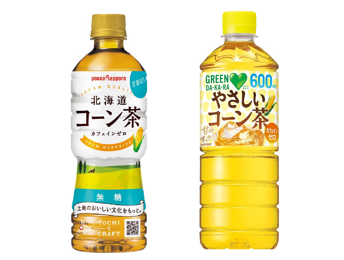 ポッカサッポロの「北海道コーン茶」(左)は前年比194%の売上を記録、サントリーの「GREEN DA･KA･RA」シリーズでは、コーン茶が4月1日から新製品として登場(右)