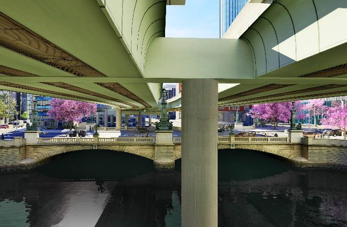 2025年現在の日本橋付近の景観イメージ。首都高速道路の高架橋が日本橋を覆う