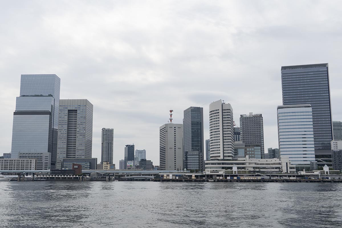 一番左がブルーフロント芝浦、一番右が黒い建物が東京ポートシティ竹芝、中央付近の黒い建物が世界貿易センタービルディング南館
