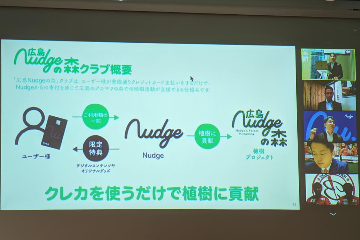 2022年8月に発表された「広島Nudgeの森」の貢献例。社会貢献とともに、特典として現地の森の看板に名前を掲載することができる(希望者のみ)