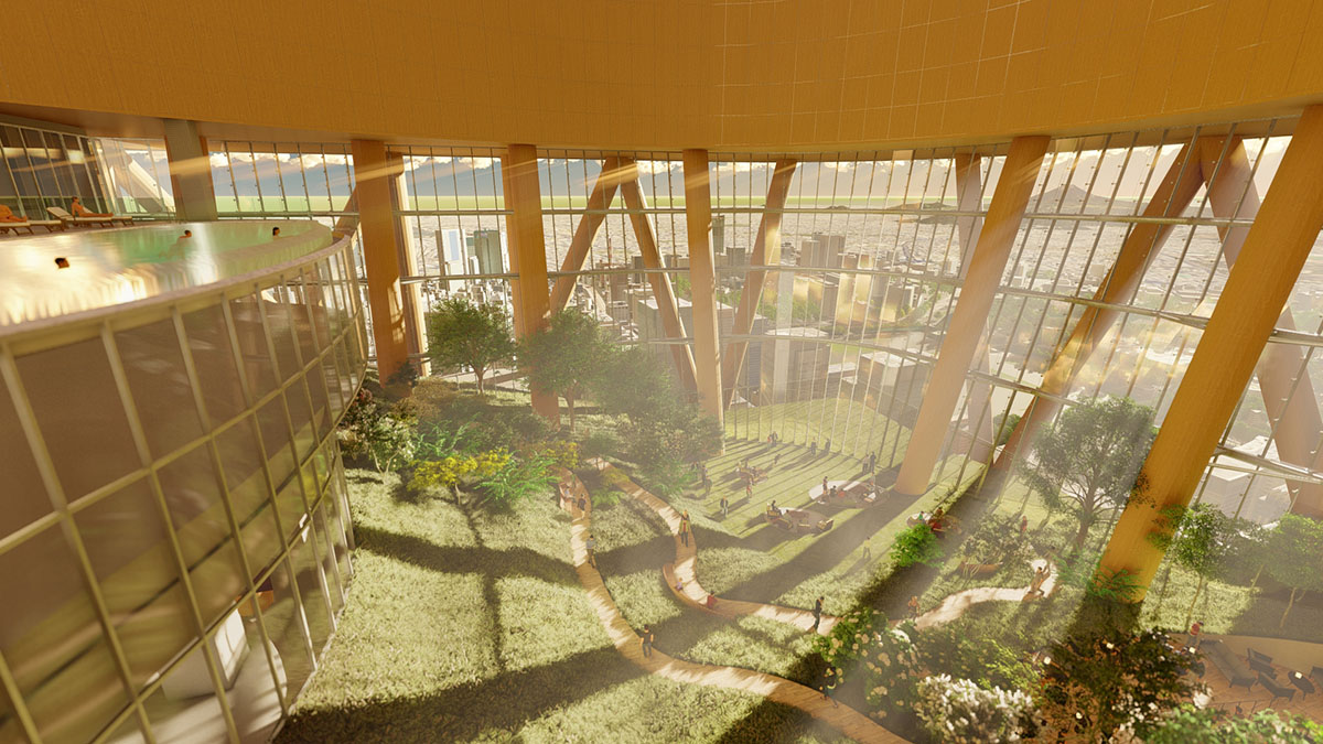 55階のホテルロビー「SKY HILL」イメージ(提供：三菱地所設計)