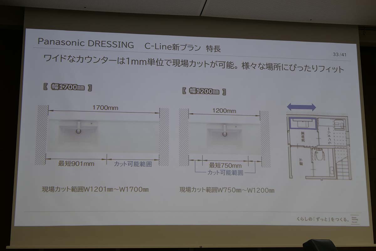 カウンターの基本幅は1,200mmと1,700mmで、現場で1mm単位でカット可能