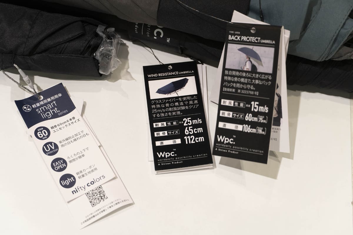 多くの傘に付いている、機能を表示したタグ