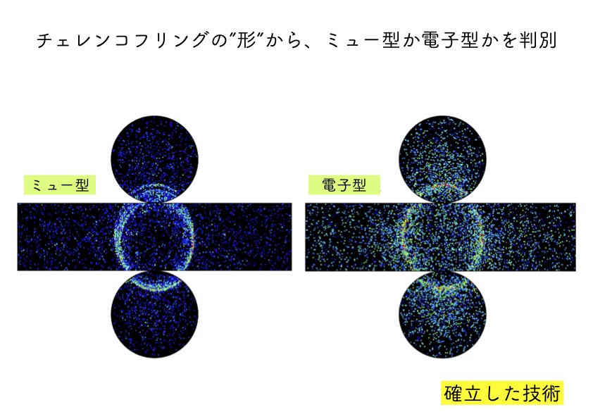 リング状の光のパターンから、粒子の種類(ミュー型か電子型か)を判別する