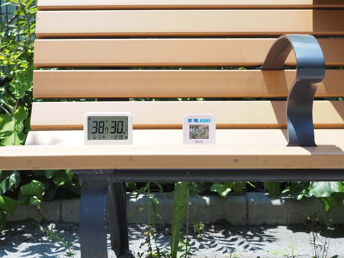 実験前に2つの温度計を、同じ日向に置いている。温度計のメーカーが異なることもあり、左が38.7℃で右が41.2℃となった