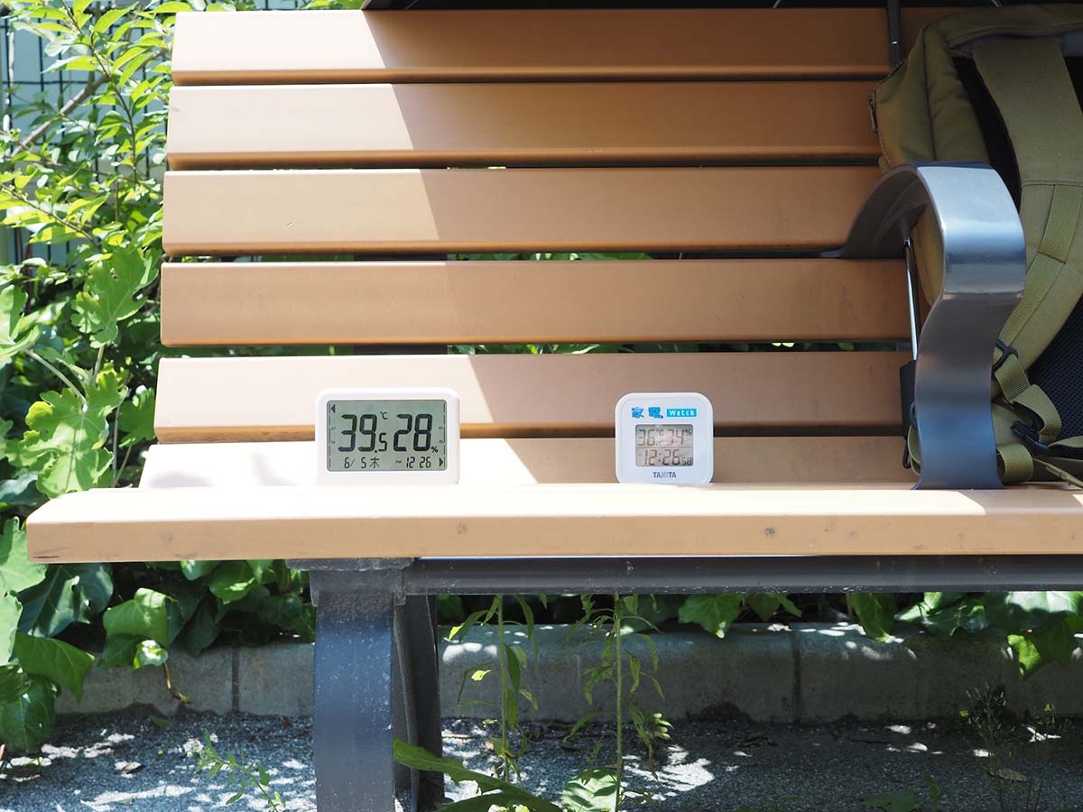 日向の左側が39.5℃に、日陰にした右側が36.2℃になった