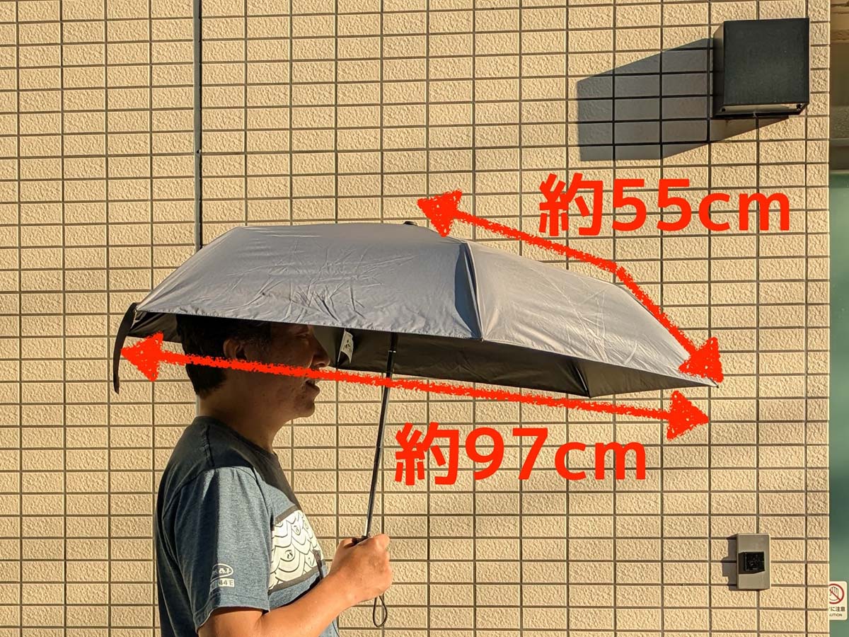 傘骨の長さは55cmで、傘の広がりは約97cm