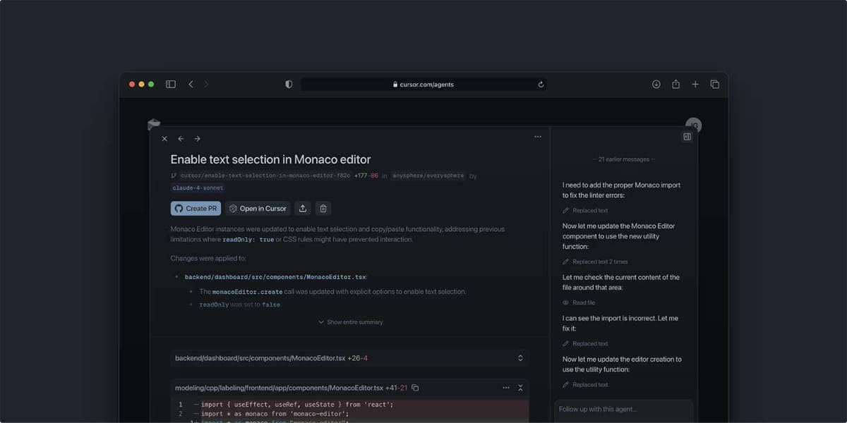 Cursor Agent on the web with a diff, conversation, and pull request