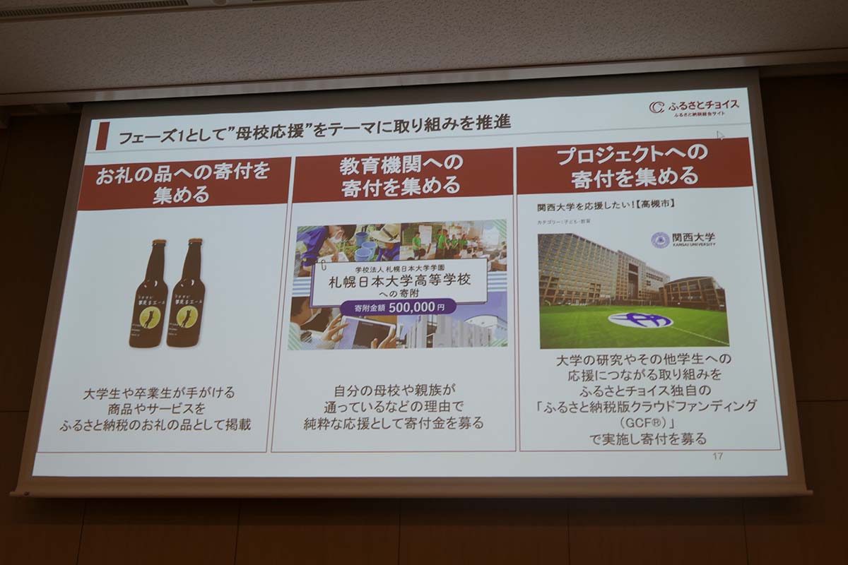 大学生や卒業生が手掛ける商品やサービスの返礼品掲載も行なう