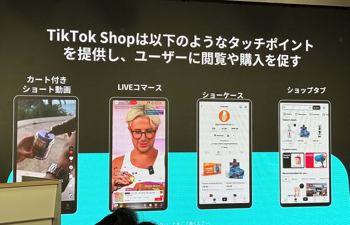TikTok Shopではカート付きショート動画、LIVEコマース、ショーケース、ショップタブなどで購入機会を提供