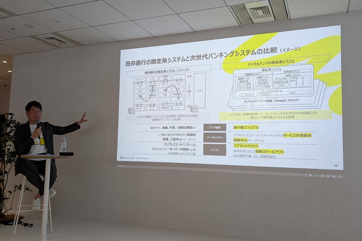 永吉氏がプレゼンテーションの中で示した従来の銀行の基幹システムとみんなの銀行のシステムのイメージ図での比較例。やはりマイクロサービス型のアーキテクチャを用いたシンプルさが特徴となる