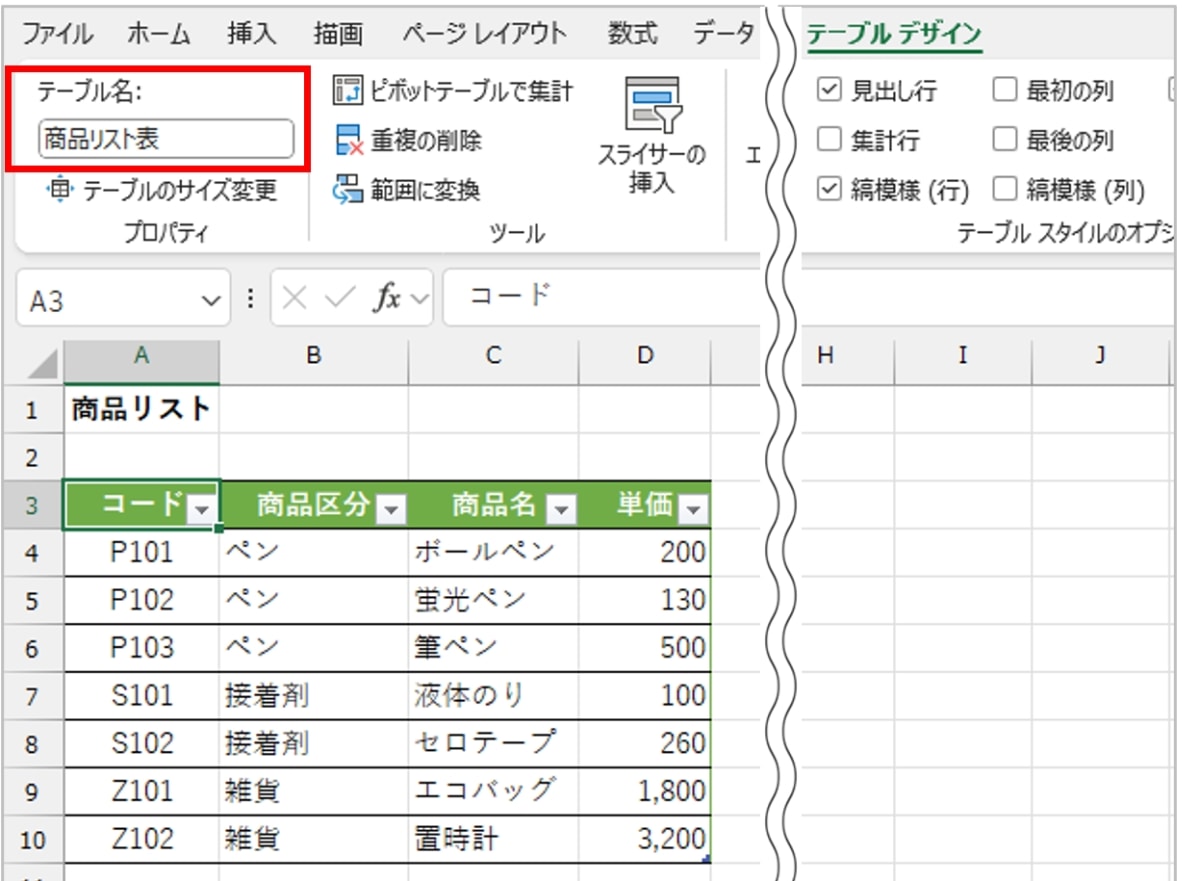 (例)テーブルに変換した表。表をテーブルに変換し、「商品リスト表」というテーブル名を付けています。表をテーブルに変換するには、表を選択して[挿入]タブの[テーブル]ボタンをクリックします