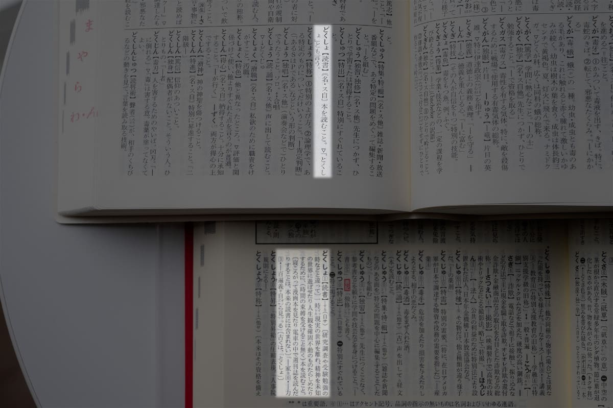 岩波(上)と新明解(下)で「読書」を引いたところ