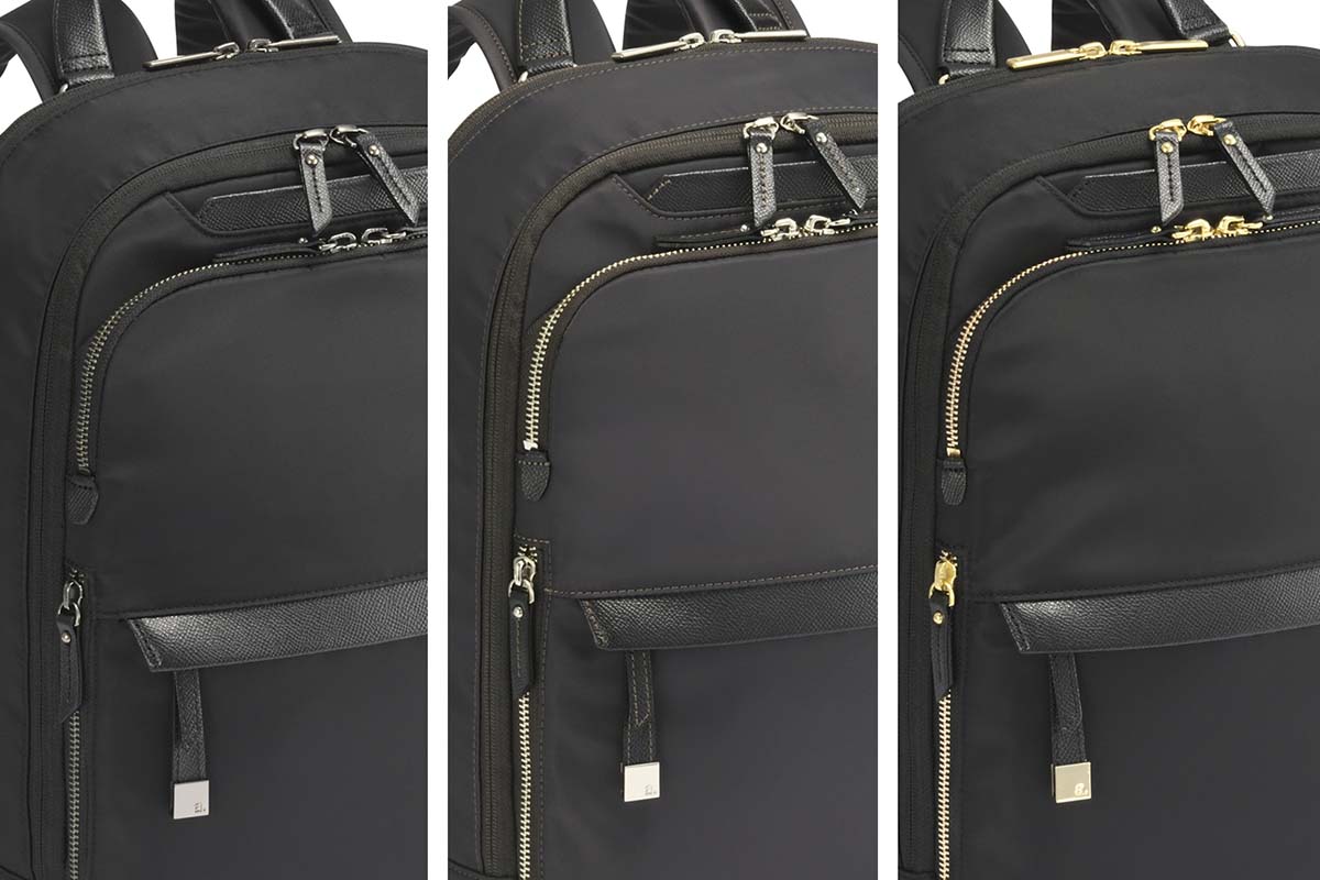 ラーはブラックとチャコールの2色で、ブラックは金具をシルバーとゴールドから選択可能