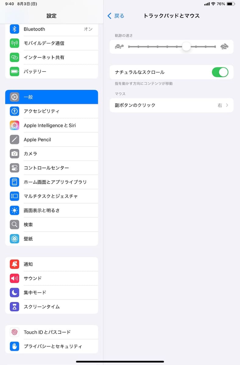 iPad miniの設定画面。「一般」の中に「トラックパッドとマウス」の設定項目がある。トラックパッド部分のボタンを押すだけでなく、タップ操作も使える。