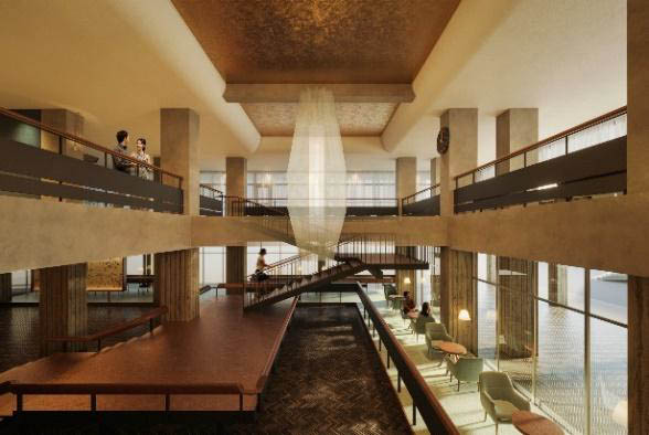 再製作した大階段を中心に形成されるホテルロビー(OMO7横浜イメージパース)