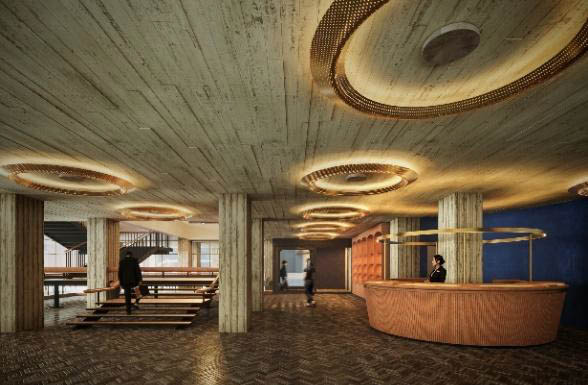 議場照明をモチーフにデザインしたホテルロビー照明(OMO7横浜イメージパース)