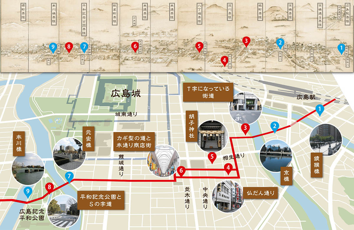 広島市内を東西に結ぶ「西国街道」。猿猴橋町は「1」周辺(<a href="https://www.city.hiroshima.lg.jp/saigoku/kaido/">広島市ホームページ</a>より)