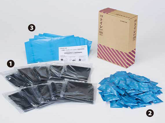 (1)汚物収納袋、(2)抗菌性凝固剤、(3)廃棄用大袋