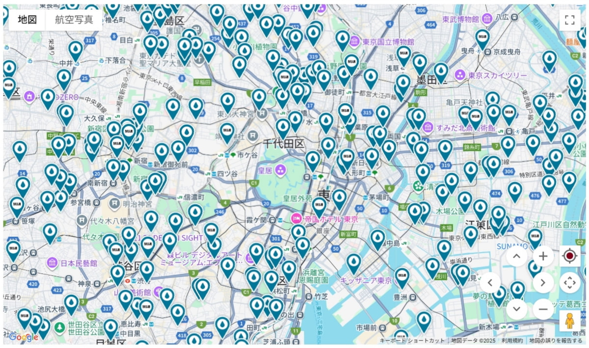 無印良品が公開している給水ポイント。公共の給水ポイントも探せます。無印良品店舗の給水ポイントにはアイコンに「MUJI」の表記があります。https://www.muji.com/jp/ja/special-feature/other/water/