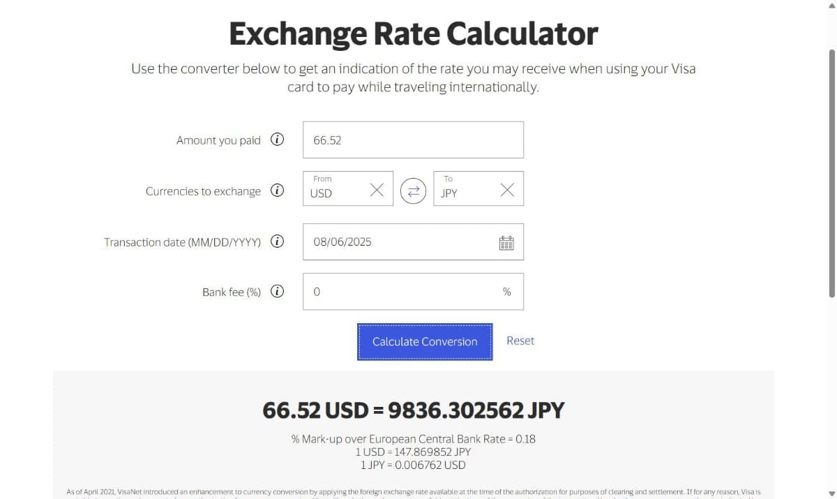 Visaの為替レート。66.52ドルは1万円未満になりました
